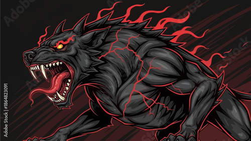 A fierce, muscular black wolf with glowing red eyes and fiery mane, snarling with fangs bared.