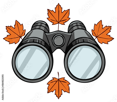 Cartoon illustration of black binoculars surrounded by orange autumn maple leaves