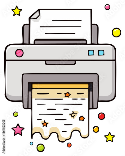 Cartoon illustration of a printer printing a document with stars and bubbles