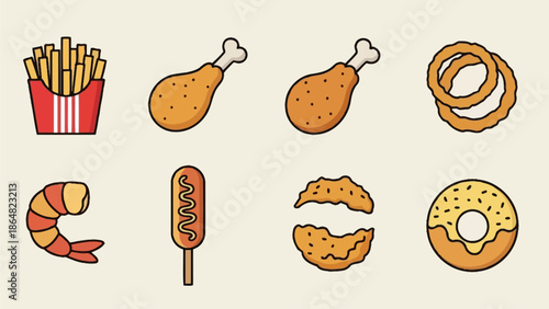 A collection of various cartoon-style fried fast food items including fries, chicken, onion rings, shrimp, corn dog, and a donut.