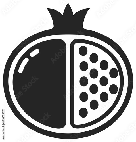 Stylized pomegranate vector illustration showing seeds fruit halves in simplistic line drawing