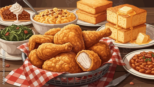 A delicious spread of Southern comfort food featuring crispy fried chicken, macaroni and cheese, collard greens, cornbread, baked beans, and pie.