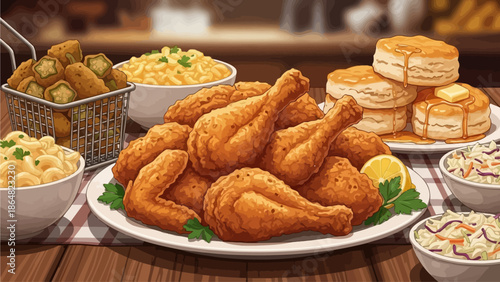 A generous spread of golden fried chicken, macaroni and cheese, crispy fried okra, fluffy biscuits with butter and syrup, and creamy coleslaw on a wooden table.