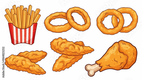 A vibrant cartoon illustration featuring a collection of popular fried fast food items including french fries, onion rings, chicken tenders, and a drumstick.
