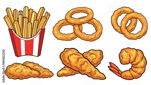 A collection of various fried fast food items including french fries, onion rings, chicken nuggets, and fried shrimp.