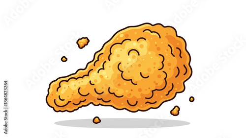 A cartoon illustration of a crispy golden-brown fried chicken drumstick floating with small crumbs.