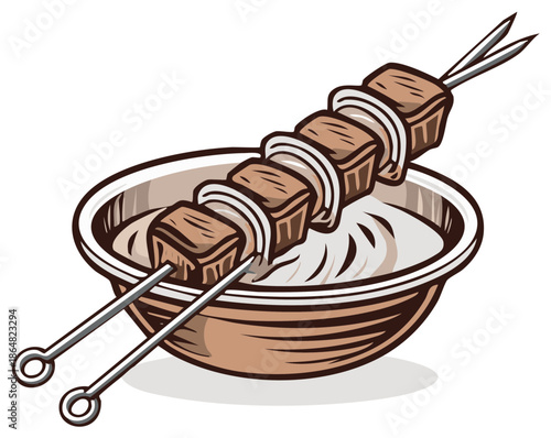 Appetizing grilled shish kebab with onions in a bowl, a culinary delight for summer barbecues and outdoor events
