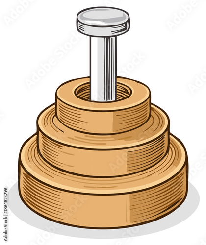 Illustration of a wooden toy with a peg in the center, stacked rings