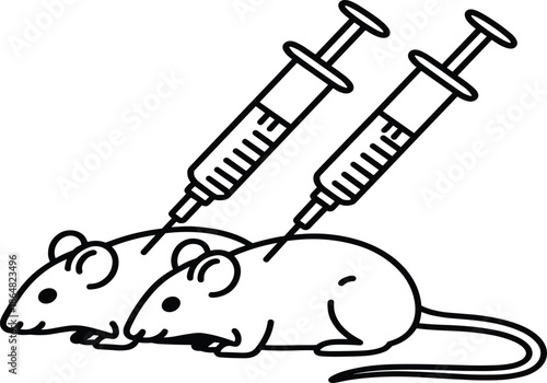 A Minimalist Black and White Line Art Vector Illustration Featuring Two Laboratory Mice Receiving Injections for Medical Research or Vaccine Testing.