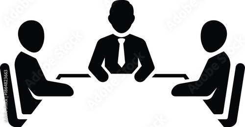 Three black silhouettes of people sitting at a table in a business meeting
