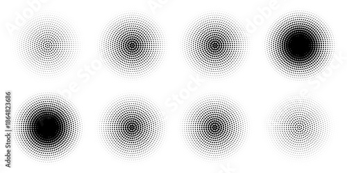 Halftone gradient circles collection. Dots textured round patterns. Cartoon comic radial faded background set. Abstract pixelated elements for frame, poster, collage, banner, flyer. Eps10