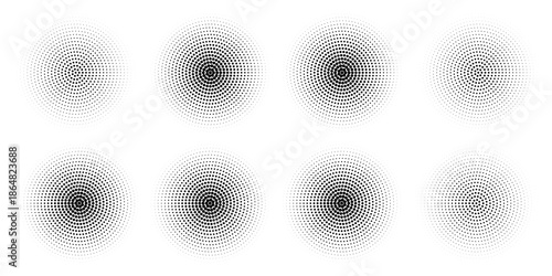 Halftone gradient circles collection. Dots textured round patterns. Cartoon comic radial faded background set. Abstract pixelated elements for frame, poster, collage, banner, flyer. Eps10