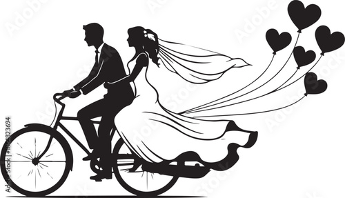 Romantic Couple Riding Bicycle with Heart Balloons – Valentine Love Silhouette