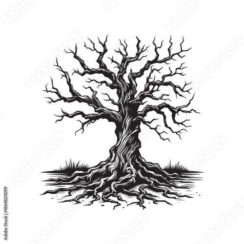 Dead tree with exposed roots and branches illustration