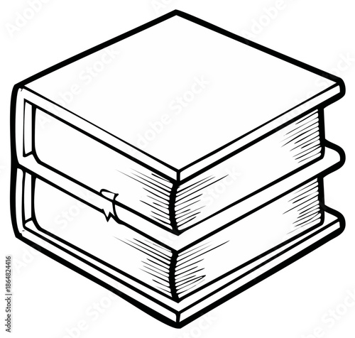 Black and white line art illustration featuring two stacked books with a visible bookmark education concept