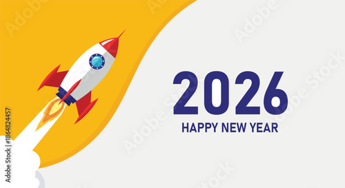 A rocket ship launching with the year 2026 and Happy New Year text space