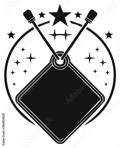 Sports Emblem with Crossed Sticks and Sparkling Stars