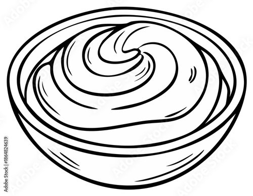 Bowl of creamy swirled sauce or dip black and white line art illustration
