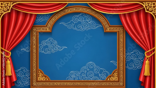 Ornate theater stage with red curtains and decorative frame against a vibrant blue sky with swirling clouds