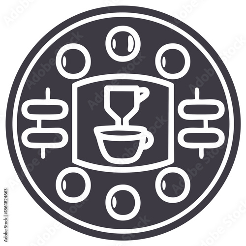 Coffee brewing process icon with a cup and filter in a circular design