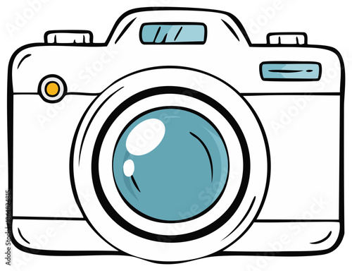 Cartoon Illustration of a Camera with Teal Lens, White Housing and Black Outline for Photography or Technology