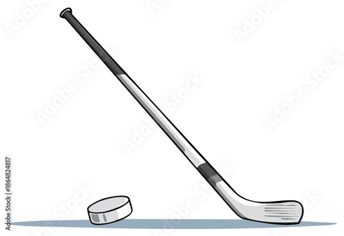 Simple cartoon illustration of an ice hockey stick and puck sporting equipment