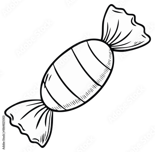 Hand drawn line art illustration of a sweet striped candy with a twisted wrapper doodle style