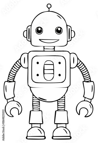 Illustration of a friendly retro robot with antenna, screen, coil arms, and claw hands ready for coloring book pages