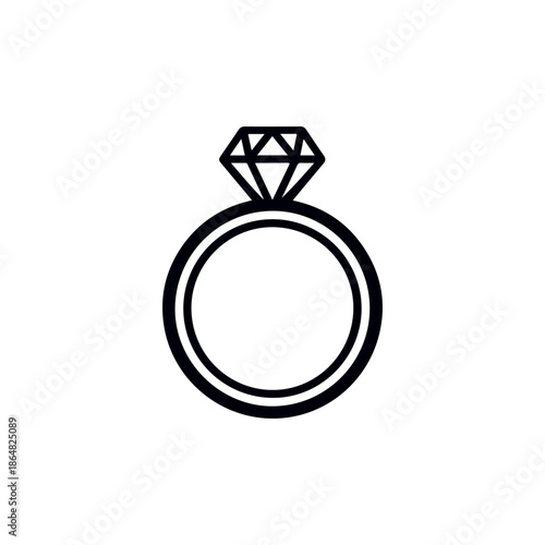 Simple black illustration of diamond engagement ring on white