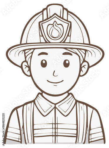 Friendly firefighter in protective helmet and uniform with fire emblem
