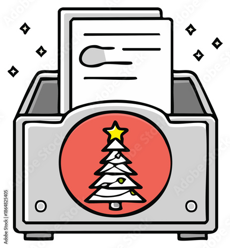 Festive inbox with document and holiday tree decoration for seasonal business