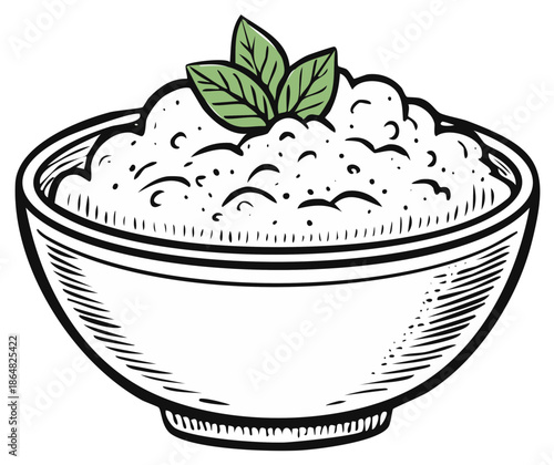 Illustration of a bowl of food decorated with green leaves.