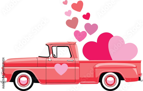 Vintage pink truck with hearts for Valentine's Day celebration