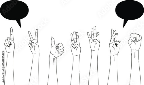Diverse hands gesturing with speech bubbles on green background
