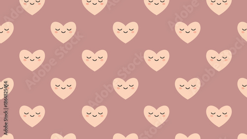 A seamless pattern of smiling cartoon hearts on soft pink background, view from directly above, showcasing cute illustrations