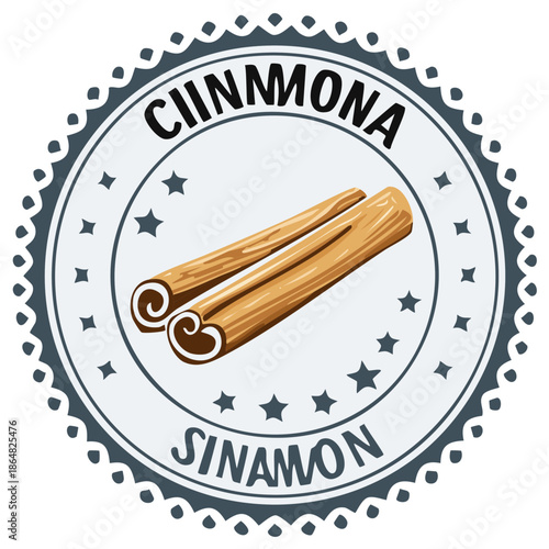 Cinnamon sticks emblem with text and star decorations