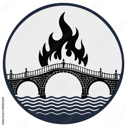Fiery bridge over water arched stone structure with flames rising above