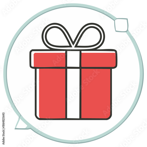 Red gift box with ribbon icon in a circular chat bubble style graphic