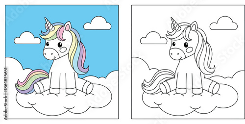 Cute cartoon unicorn sitting on a cloud coloring page. Educational vector illustration for kids with a colored example and black and white line art.