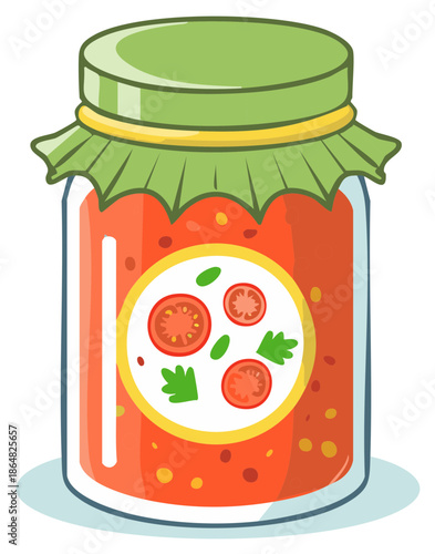 Cartoon style glass jar of chunky tomato sauce with green lid and fresh tomato label design