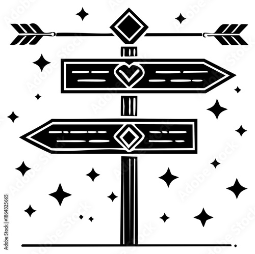 Whimsical road sign illustration with opposing arrows a heart and stars representing choices and direction