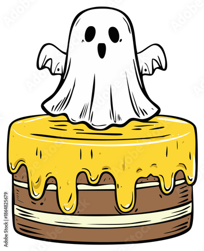 Delicious Halloween Cake with a Spooky Ghost Decoration for a Fun Festive Treat Cartoon Style Drawing