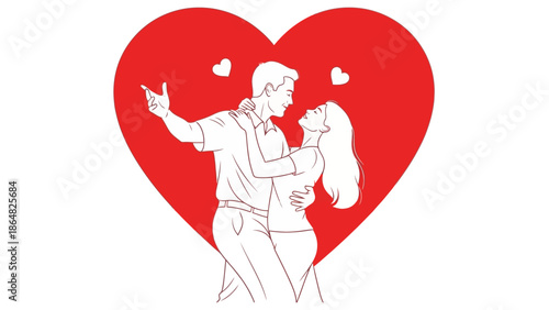 Couple dancing romantically in front of a large red heart, symbolizing love and affection in a tender illustration.