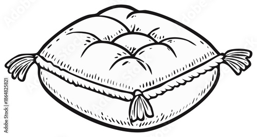 Vector illustration of a classic decorative pillow with trim and tufted surface in outline drawing for coloring design.
