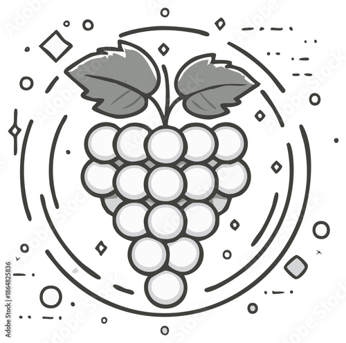 Line Art Illustration of a Bunch of Grapes with Leaves Surrounded by a Circular Design