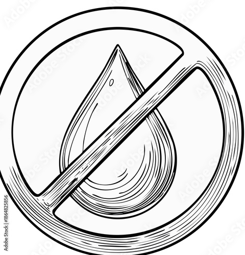 No Water Drop Prohibition Symbol in a Hand Drawn Engraved Style