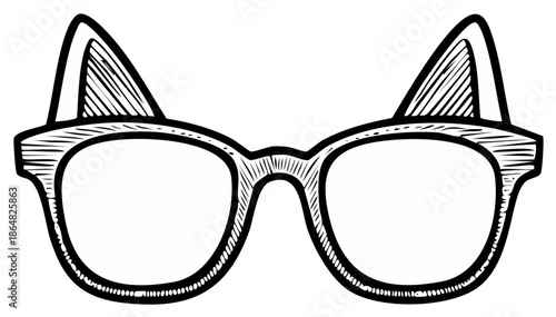 Whimsical Eyeglasses with Cat Ears, Black and White Line Art Illustration. Funny, stylish spectacles in cartoon style.