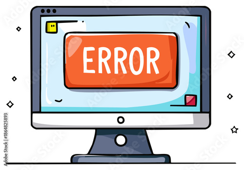 Cartoon computer monitor showing an error message pop-up on screen