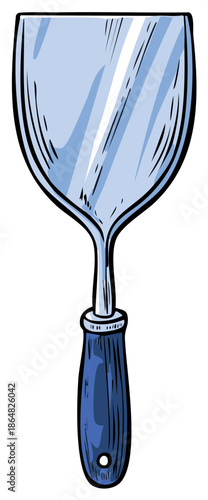 Single kitchen spatula with a blue handle and a wide metal blade in a hand drawn style