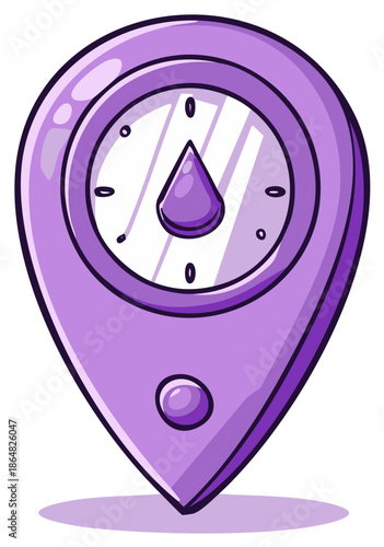 Purple location marker with a clock face and droplet needle